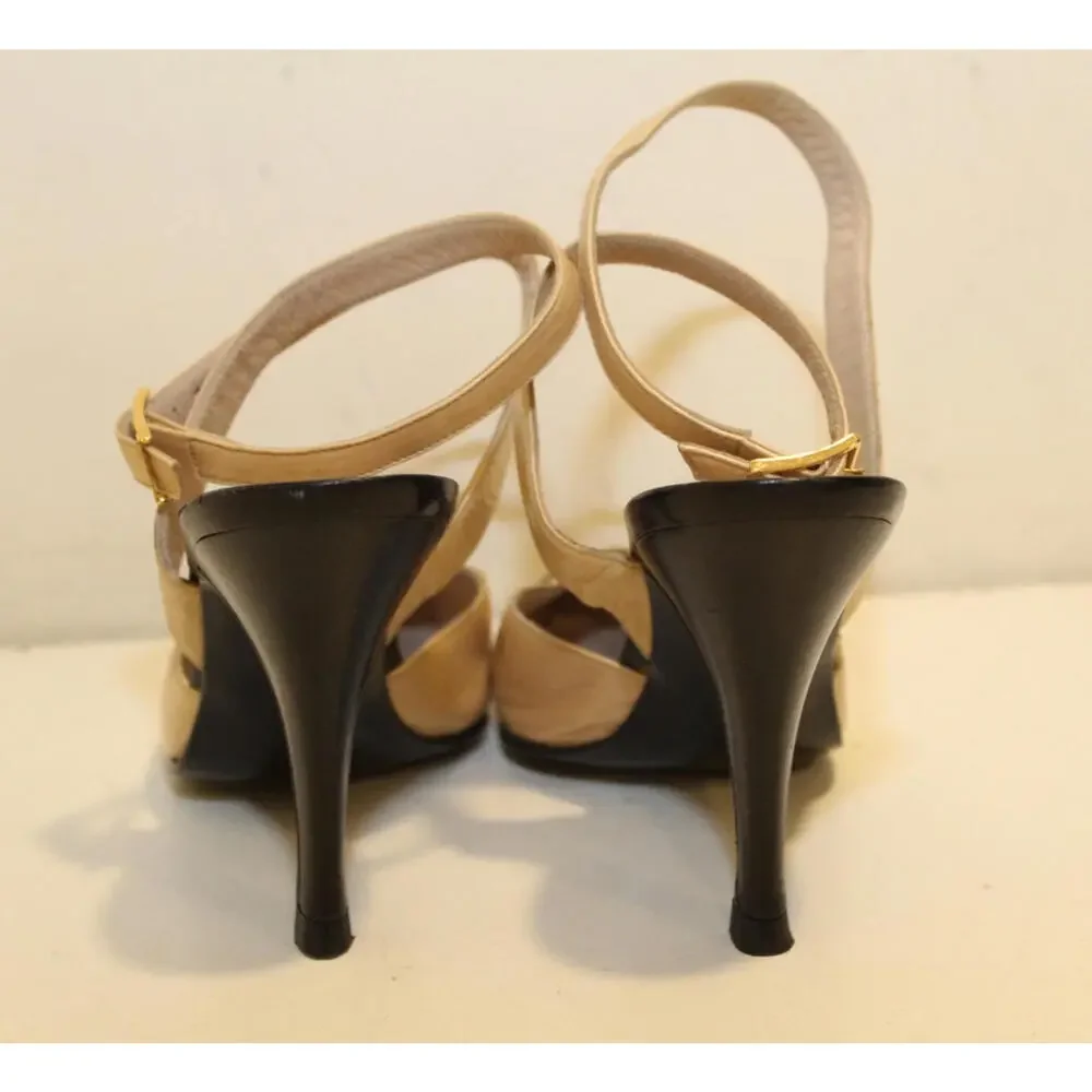 CHANEL Beige Calf Leather Black Patent Heels Ankle Wrap Strap sz. 37 - Picture 7 of 11